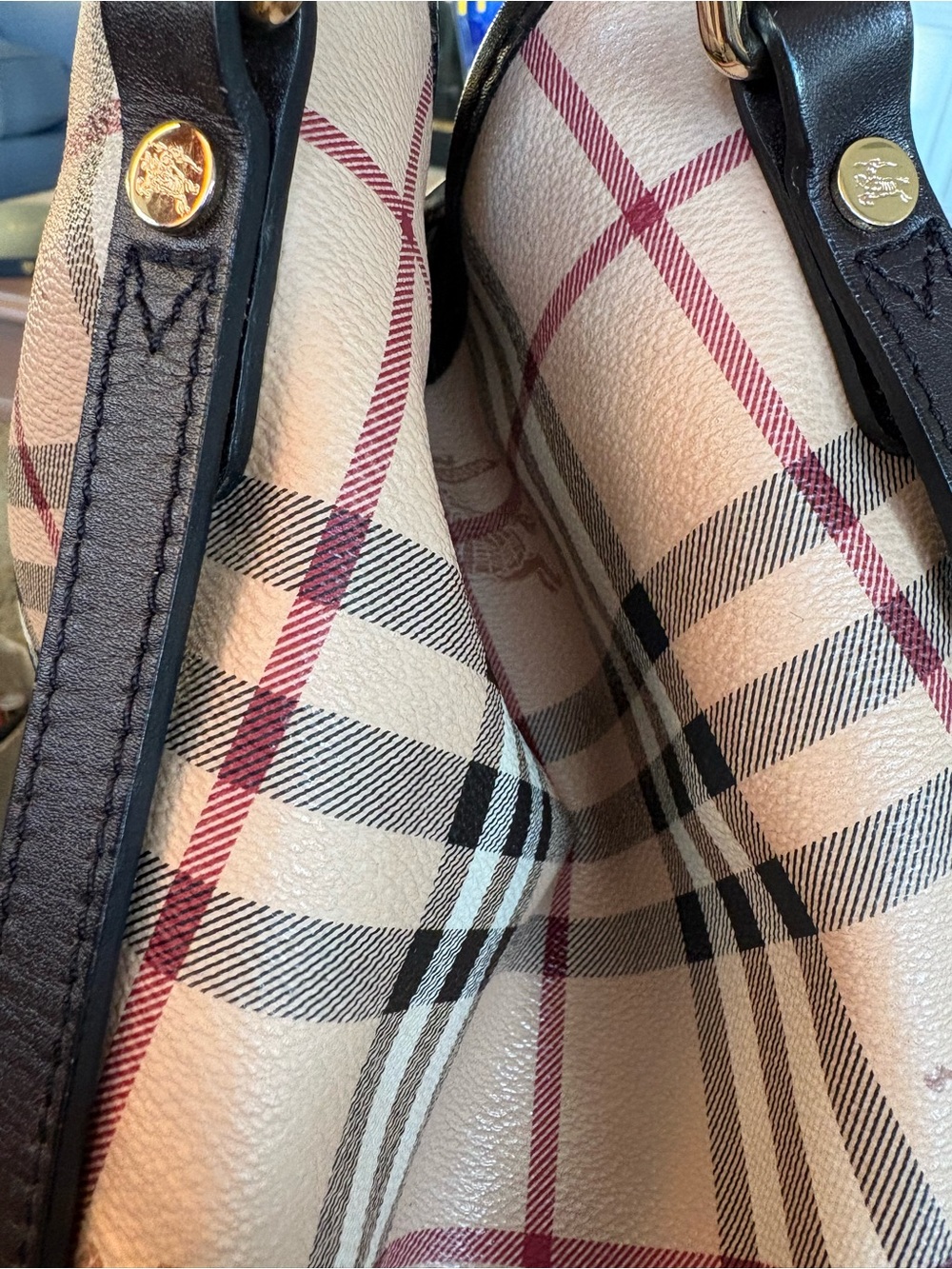 Authentic Burberry Beige Nova Check Tote with Dark Brown Leather and Gold Accent - Picture 7 of 11